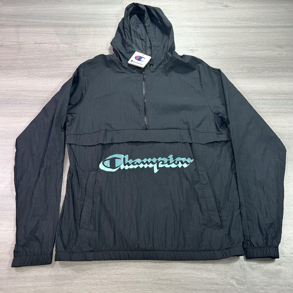 NEW Champion Anorak Jacket Mens Medium Black Hooded Pullover Windbreaker V0180